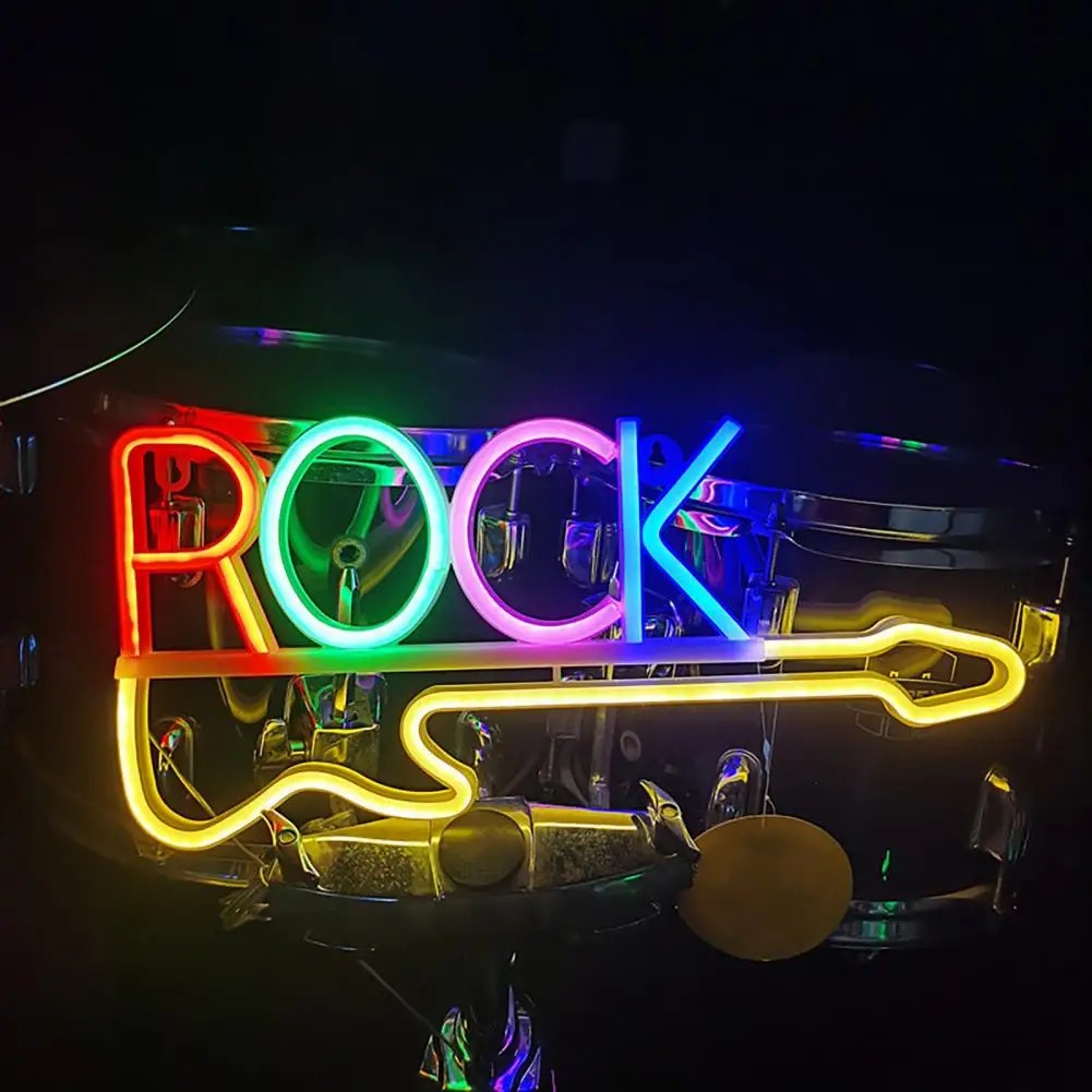 glowing led neon logo sign - rock guitar