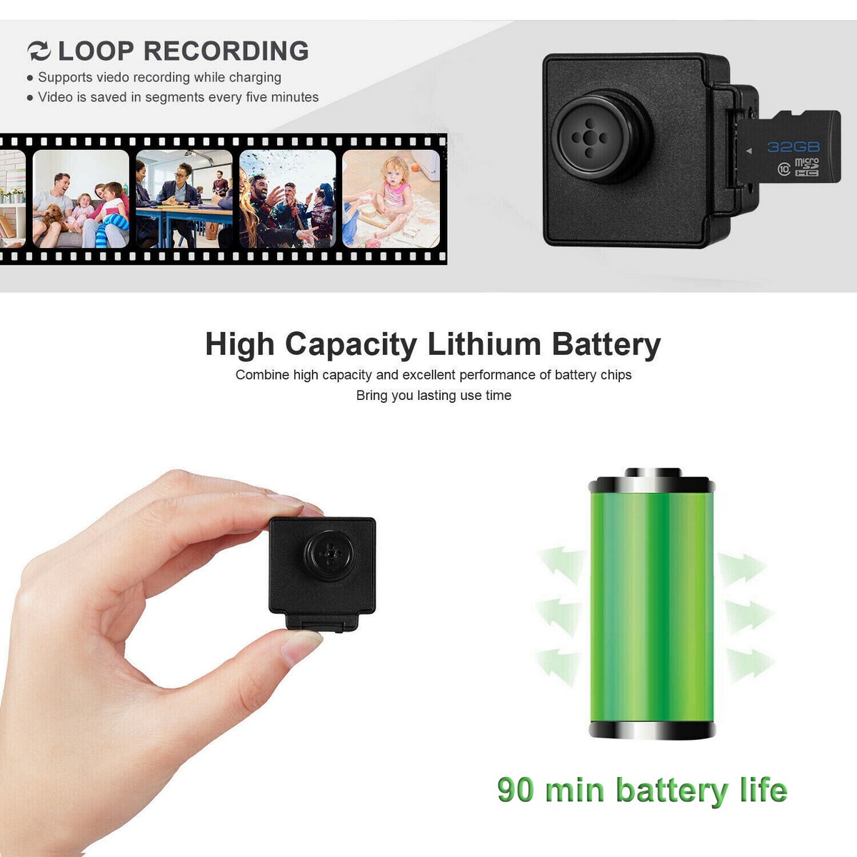 mini camera in a button - recording in a loop