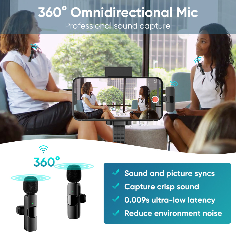 SET Wireless smartphone microphone 2x with transmitter with USBC + Clip +  360° recording