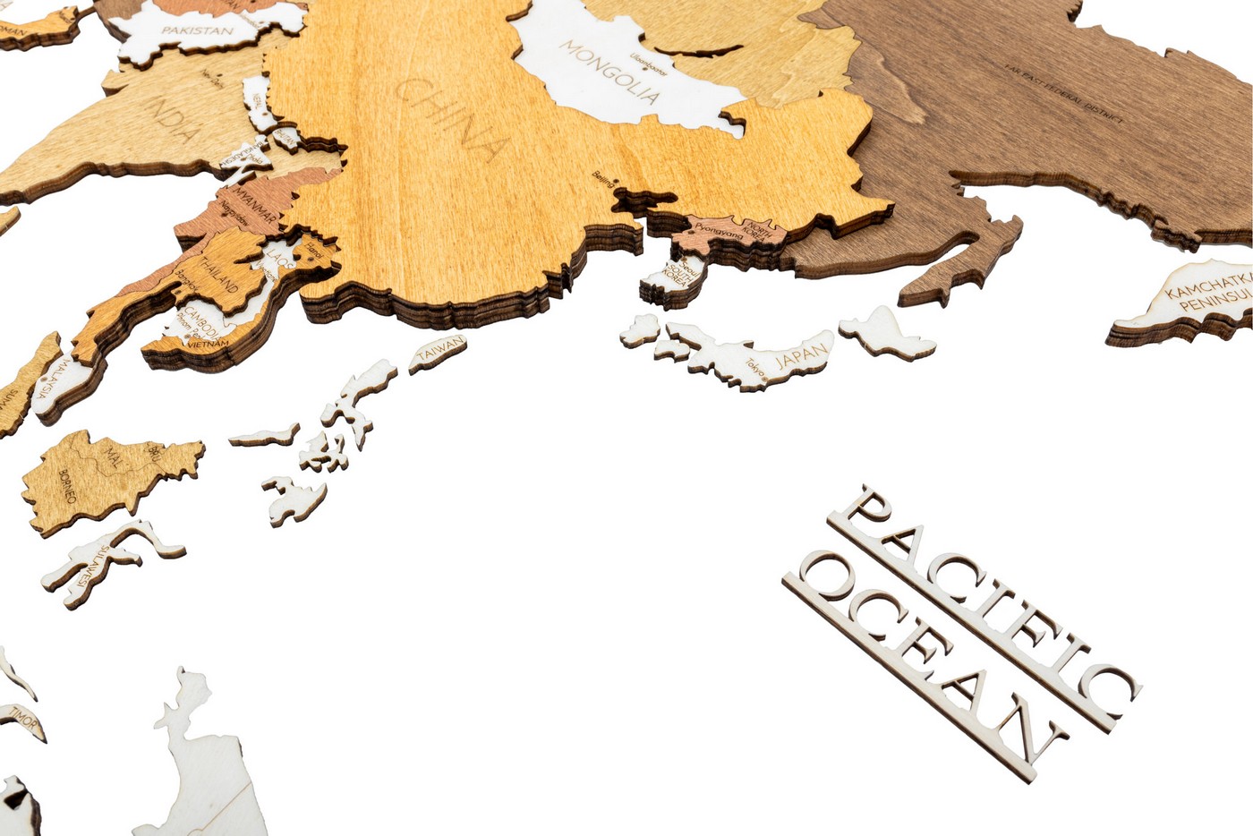 oceans names to wooden map 3d as wall decoration 