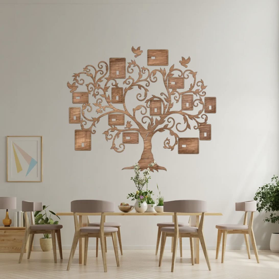 Wooden family tree on the wall for family photos frames