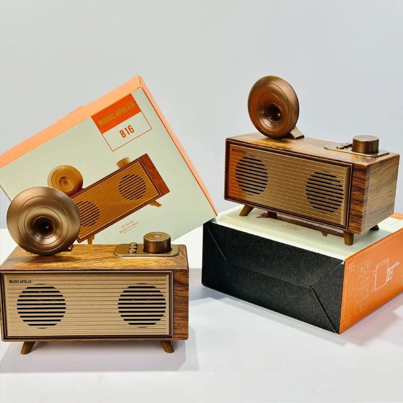 mini small old wooden radio made of wood retro vintage design