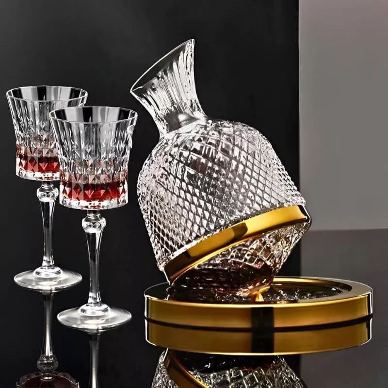 rotating crystal red wine carafe with a gold base