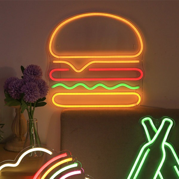 led glowing neon sign on the wall - hamburger