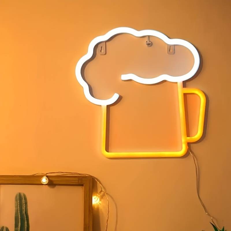 LED sign illuminated on the wall, neon hanging - beer
