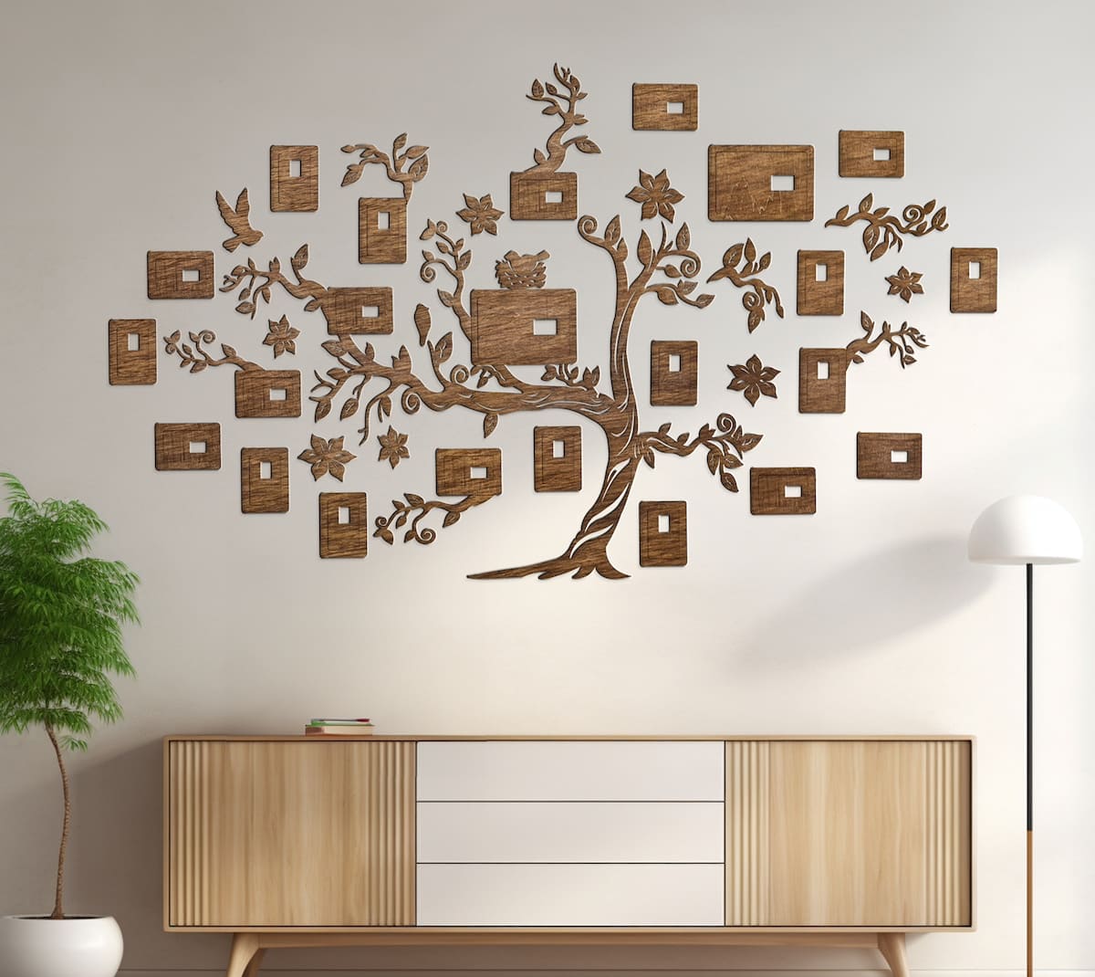 Wooden family tree for the wall + photo frames of family members