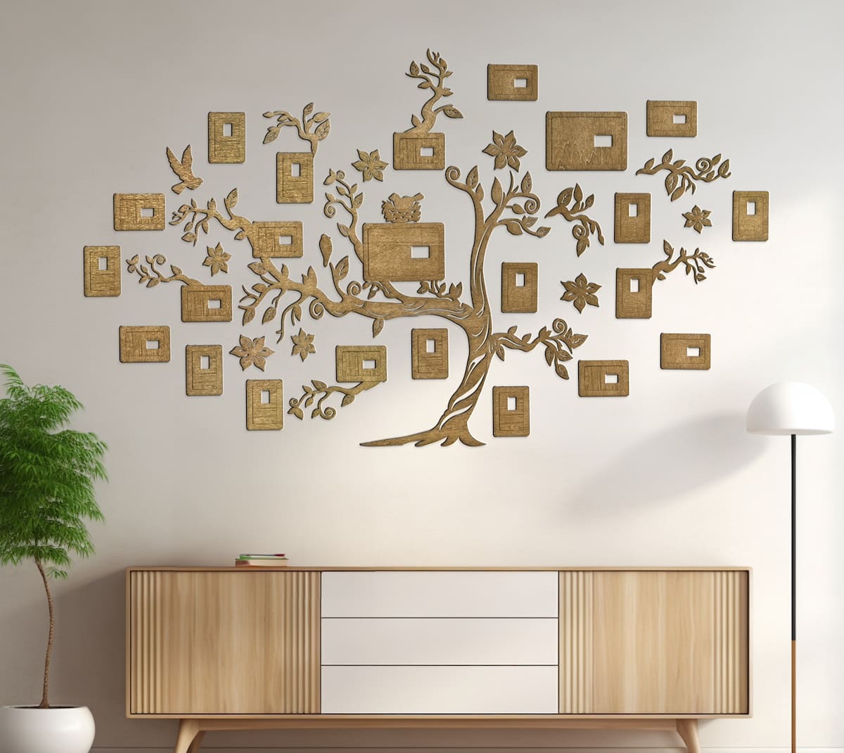 family tree project wooden wall with photo frames