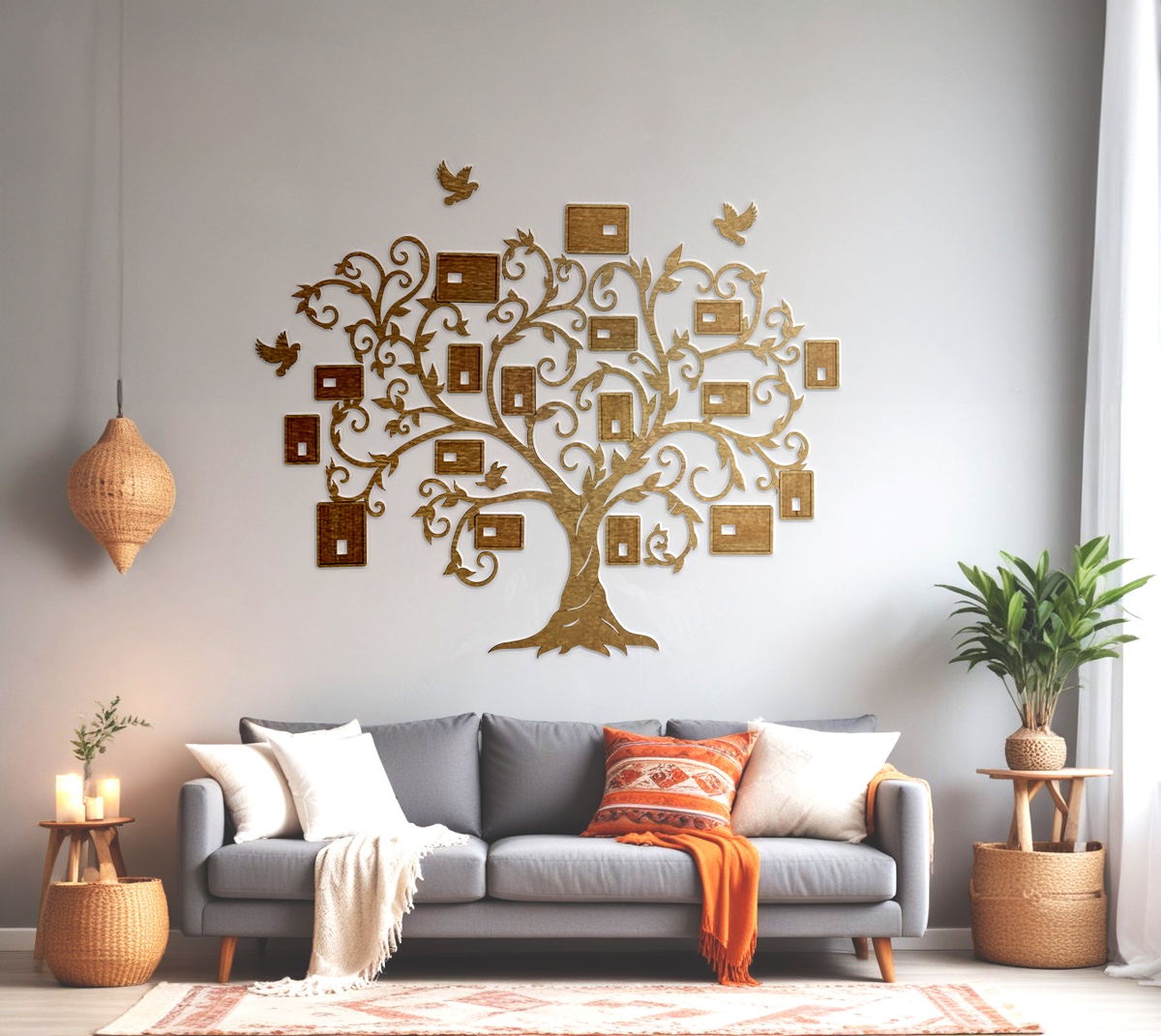 Wall mounted family tree made of wood for the room, family photo tree