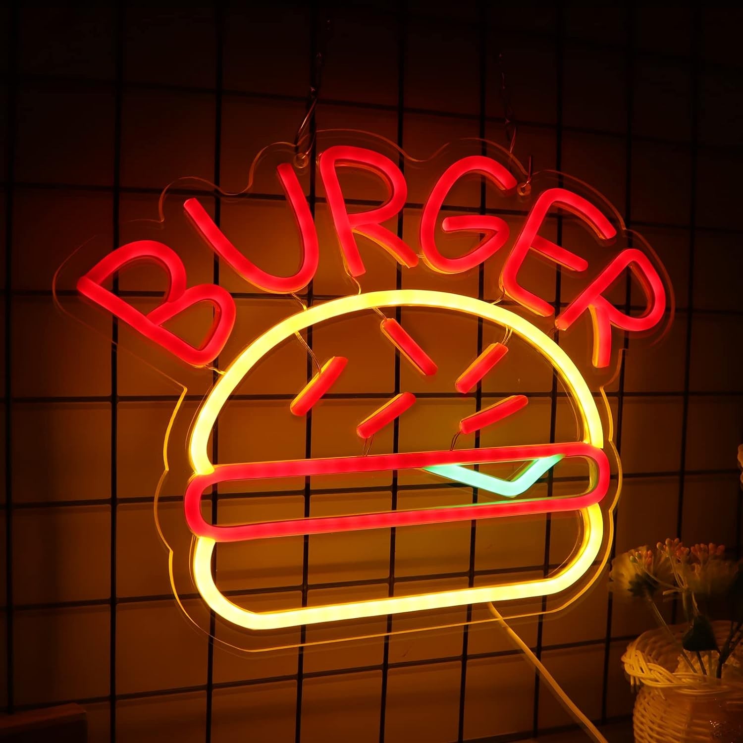 burger lighting neon sign logo on the wall