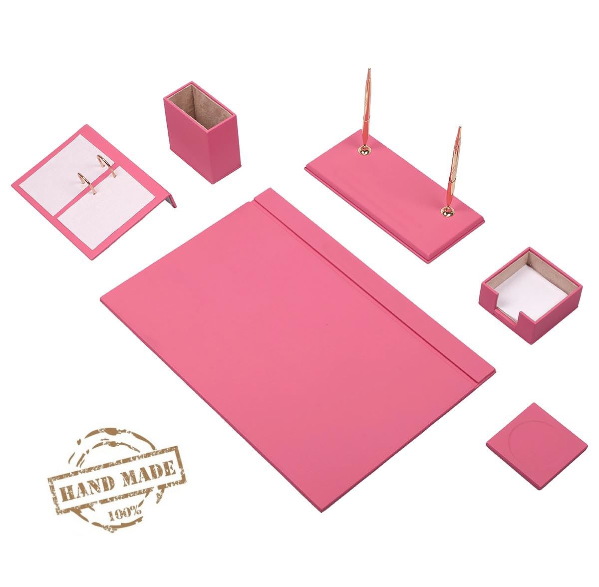 Women's pink leather desk table SET - 8 pcs office accessories