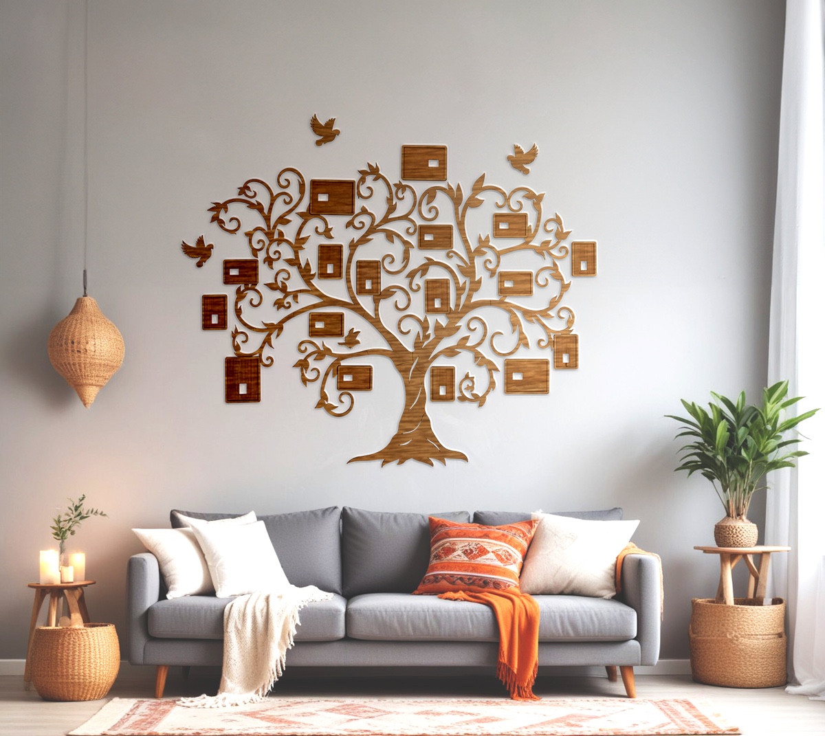 Family tree with family photo frames made of wood, wooden family trees